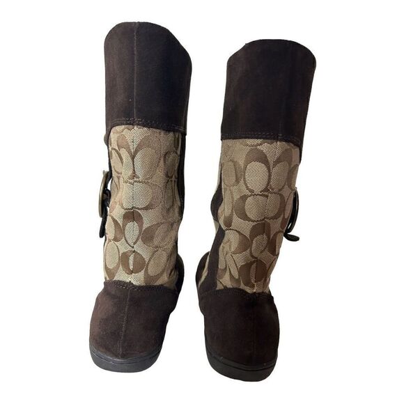 Coach Meyer Khaki Chestnut Brown C Logo Signature & Suede Boots Brass Sz 6.5 - Picture 4 of 9